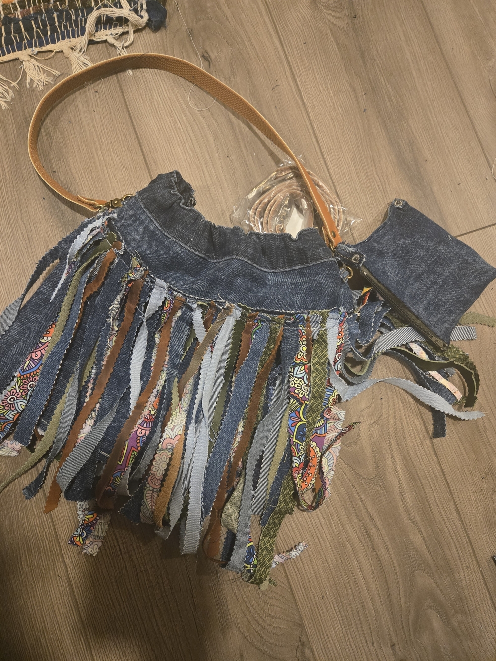 Fringed Dem DENIM PURSE HANDMADE with Multicolor Fabric Strips And Change Purse